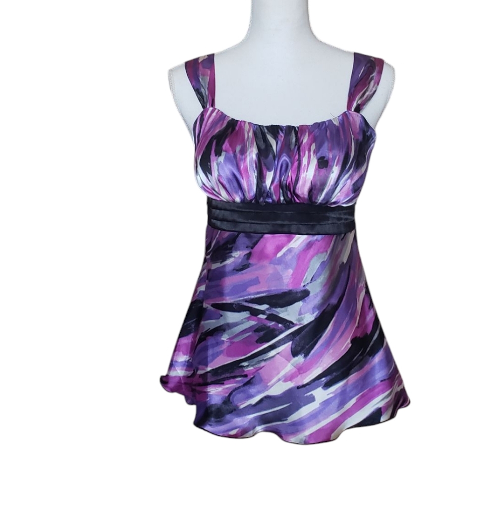 Vtg IZ Byer M Y2K Purple Satin Babydoll Empire Tank Top Tie Back Retro Padded